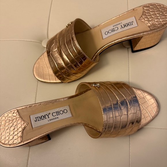 Jimmy Choo Minea Croc Embossed Metallic Leather Slides - Picture 1 of 5